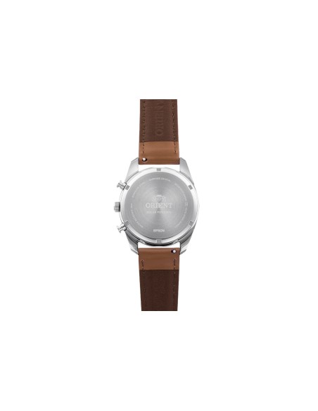 reloj cronógrafo solar hombre Orient Panda RA-TX0306S 40mm  50m WR cristal de zafiro correa de cuero