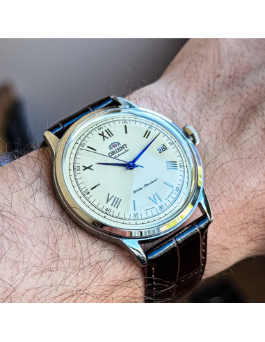 automático hombre Orient Bambino TAC00009N Dial beige 40.5mm 30m WR correa de cuero Hand-Hacking