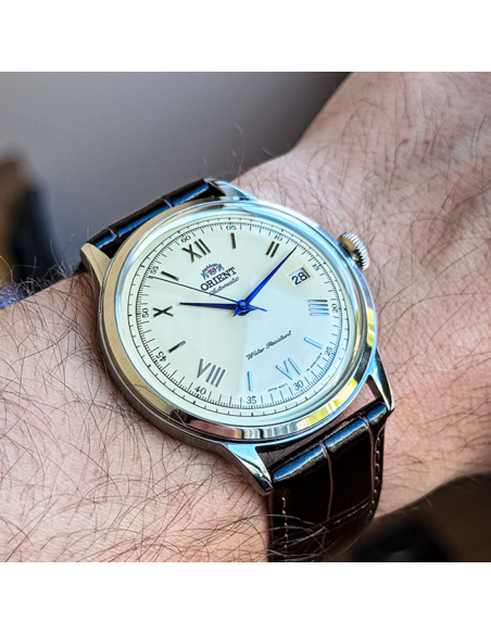 automático hombre Orient Bambino TAC00009N Dial beige 40.5mm 30m WR correa de cuero Hand-Hacking