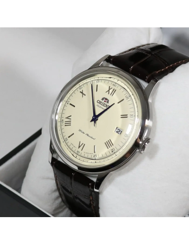 automático hombre Orient Bambino TAC00009N Dial beige 40.5mm 30m WR correa de cuero Hand-Hacking
