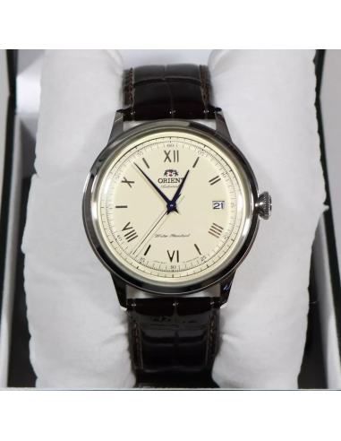 automático hombre Orient Bambino TAC00009N Dial beige 40.5mm 30m WR correa de cuero Hand-Hacking
