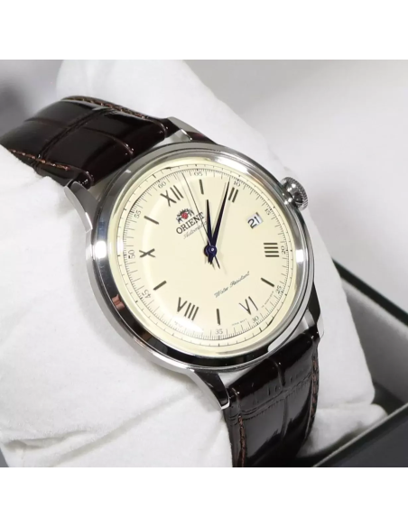 automático hombre Orient Bambino TAC00009N Dial beige 40.5mm 30m WR correa de cuero Hand-Hacking