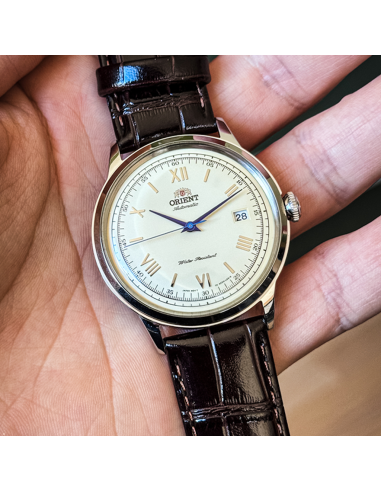 automático hombre Orient Bambino TAC00009N Dial beige 40.5mm 30m WR correa de cuero Hand-Hacking