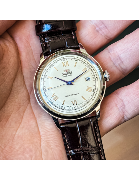 automático hombre Orient Bambino TAC00009N Dial beige 40.5mm 30m WR correa de cuero Hand-Hacking