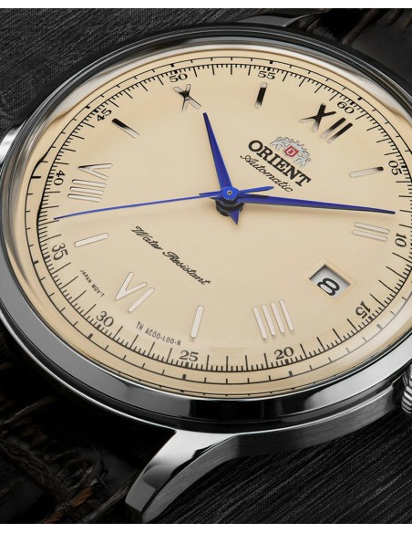 automático hombre Orient Bambino TAC00009N Dial beige 40.5mm 30m WR correa de cuero Hand-Hacking