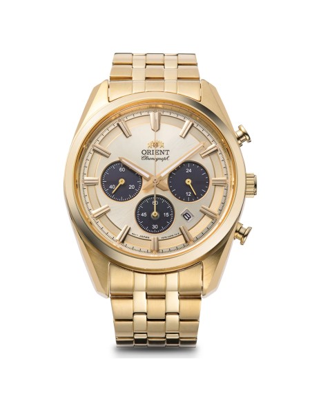 cronógrafo solar hombre Orient Gold Panda RA-TX0301G 40mm  50m WR cristal de zafiro correa de acero