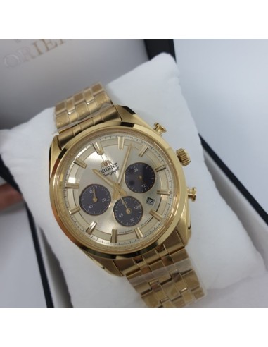 cronógrafo solar hombre Orient Gold Panda RA-TX0301G 40mm  50m WR cristal de zafiro correa de acero