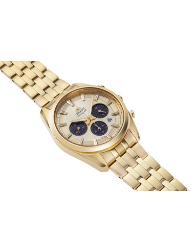 cronógrafo solar hombre Orient Gold Panda RA-TX0301G 40mm  50m WR cristal de zafiro correa de acero
