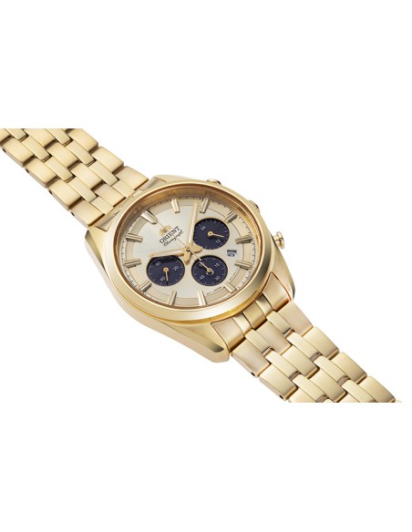 cronógrafo solar hombre Orient Gold Panda RA-TX0301G 40mm  50m WR cristal de zafiro correa de acero