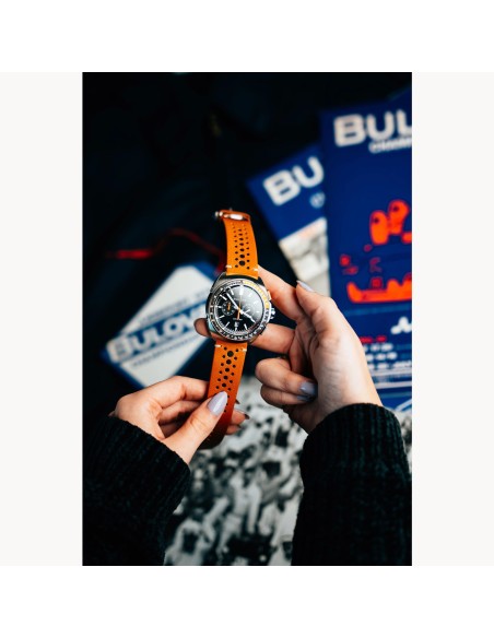 reloj deportivo hombre Bulova Racer Chronograph 98B427 42mm 100m WR cristal de zafiro correa de cuero
