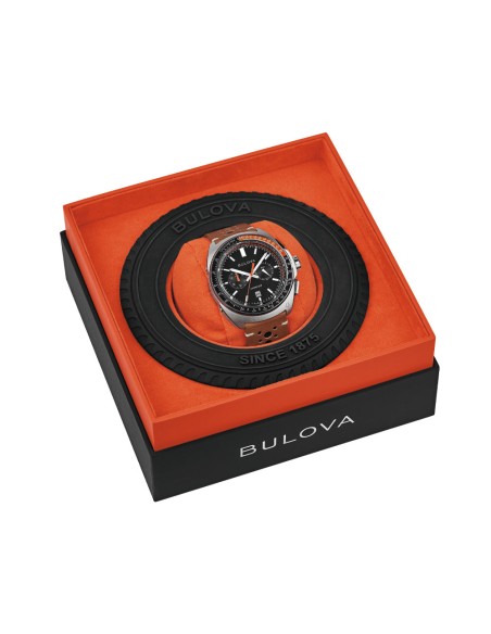 reloj deportivo hombre Bulova Racer Chronograph 98B427 42mm 100m WR cristal de zafiro correa de cuero