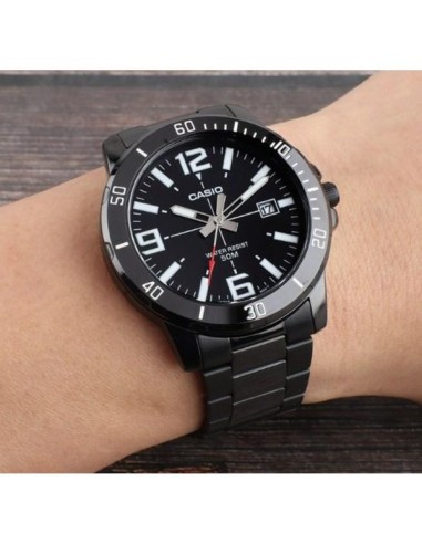 Reloj deportivo Casio MTP-VD01B-1B baño de iones broche triple pliegue dial negro 45mm correa de acero 3 agujas