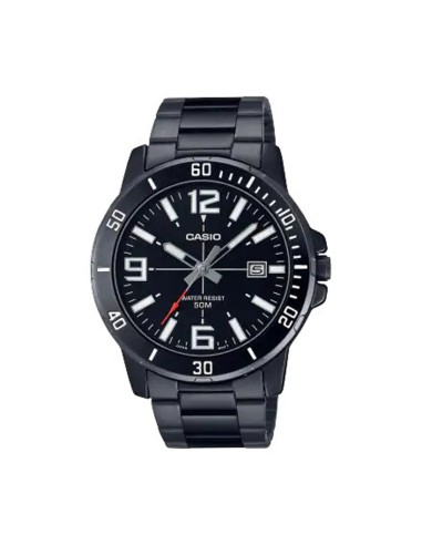 Reloj deportivo Casio MTP-VD01B-1B baño de iones broche triple pliegue dial negro 45mm correa de acero 3 agujas