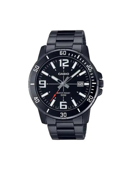 Reloj deportivo Casio MTP-VD01B-1B baño de iones broche triple pliegue dial negro 45mm correa de acero 3 agujas