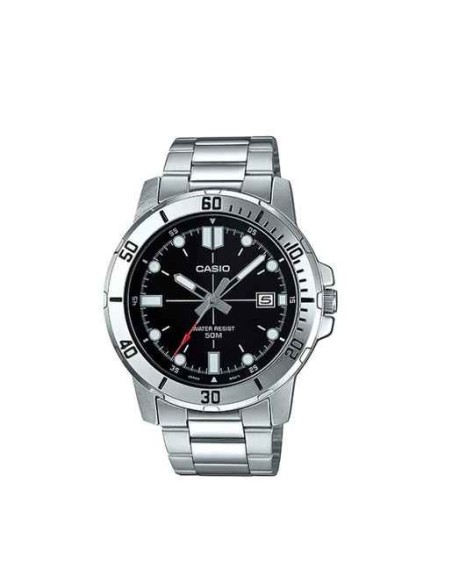 reloj deportivo hombre Casio MTP-VD01D-1E dial negro 45mm correa de acero hebilla triple pliegue resistencia al agua 50m