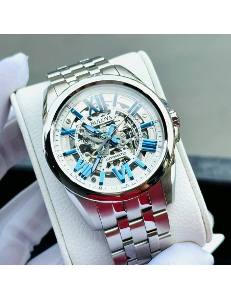 Reloj automático hombre Bulova Sutton 96A187 43mm azul / plata Skeleton 100m WR correa de acero