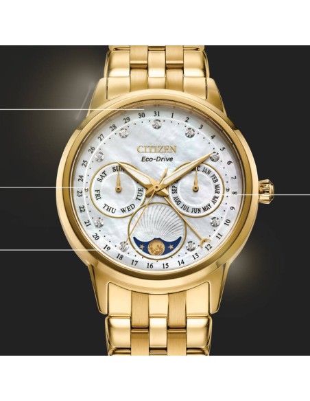 reloj mujer Citizen Calendrier Diamond Moon Phase Eco-Drive FD0002-57D 37mm 50m WR correa de acero