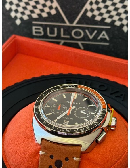 reloj deportivo hombre Bulova Racer Chronograph 98B427 42mm 100m WR cristal de zafiro correa de cuero