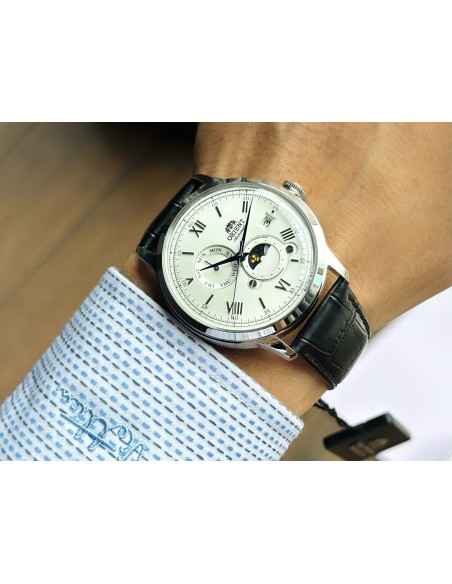 automático hombre Orient Bambino Sun & Moon RA-AK0802S 41,5mm correa de cuero