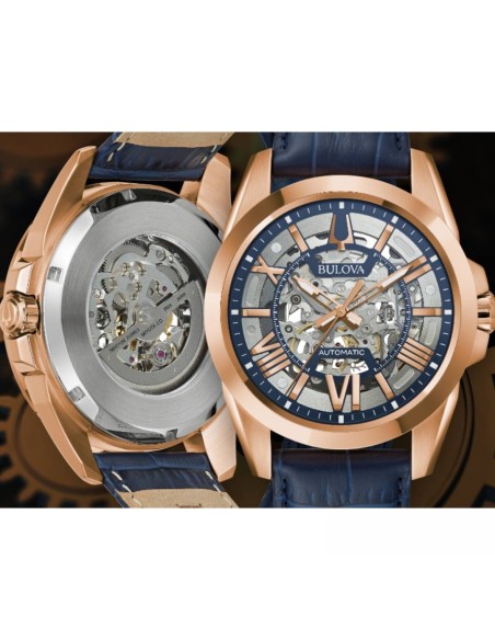 Reloj automático hombre Bulova Sutton 97A161 43mm dial plata correa de cuero 100m WR