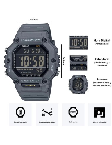 Reloj deportivo hombre Casio  AE-1600H-8b  54,1 × 49,7 × 15,9 mm 10 años batería 100m WR 5 alarmas