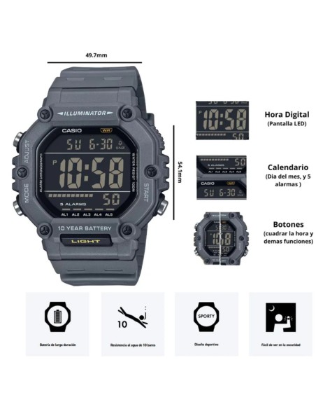 Reloj deportivo hombre Casio  AE-1600H-8b  54,1 × 49,7 × 15,9 mm 10 años batería 100m WR 5 alarmas