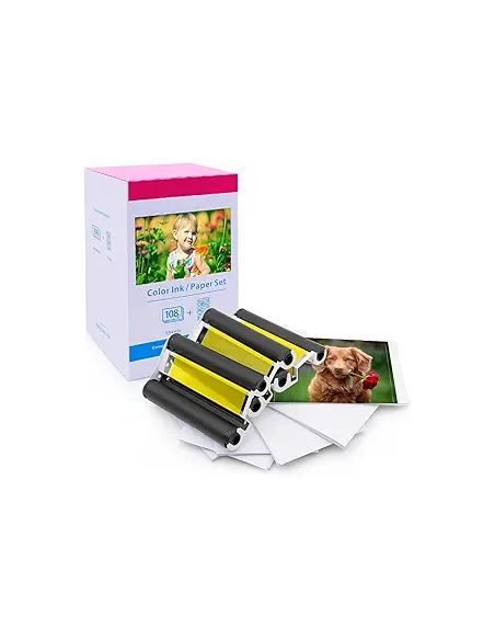 Compatible Canon KP-108IN Pack de Tinta y 108 Hojas Papel Fotografico, 100x148 mm - Reemplaza 3115B001
