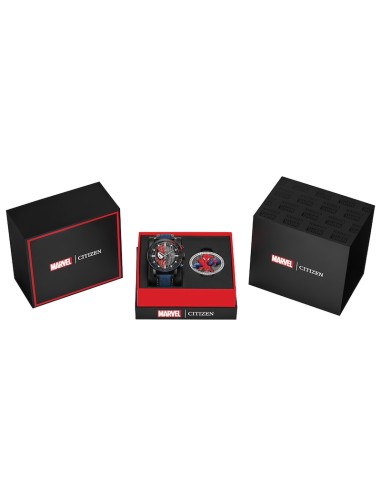 solar Citizen Marvel Spider‑Man CA0855‑47W 44 mm – Acero IP negro, cuerda de nylon y cuero,