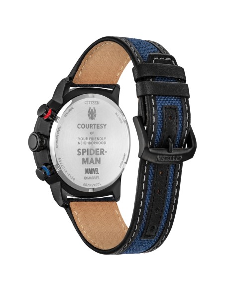 solar Citizen Marvel Spider‑Man CA0855‑47W 44 mm – Acero IP negro, cuerda de nylon y cuero,
