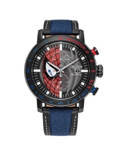 solar Citizen Marvel Spider‑Man CA0855‑47W 44 mm – Acero IP negro, cuerda de nylon y cuero,