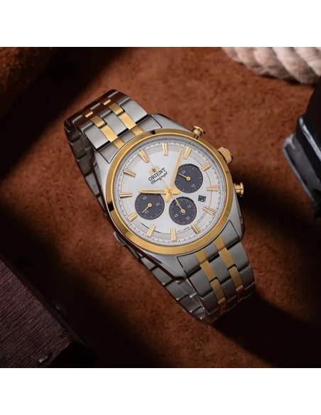 Reloj cronógrafo solar hombre Orient Silver Panda RA-TX0302S  40mm  50m WR cristal de zafiro correa de acero
