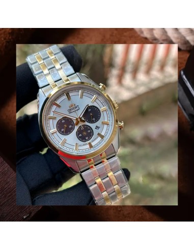 Reloj cronógrafo solar hombre Orient Silver Panda RA-TX0302S  40mm  50m WR cristal de zafiro correa de acero