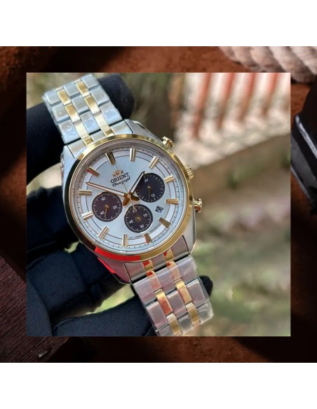 Reloj cronógrafo solar hombre Orient Silver Panda RA-TX0302S  40mm  50m WR cristal de zafiro correa de acero