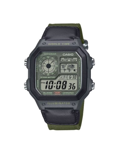 Casio World Time AE-1200WHUB-3AJF JDM Verde Oliva | Batería 10 Años | 100M WR |45 × 42.1 × 12.5 mm