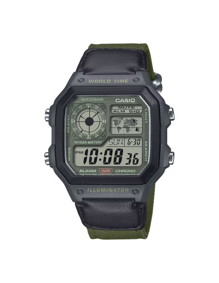 Casio World Time AE-1200WHUB-3AJF JDM Verde Oliva | Batería 10 Años | 100M WR |45 × 42.1 × 12.5 mm