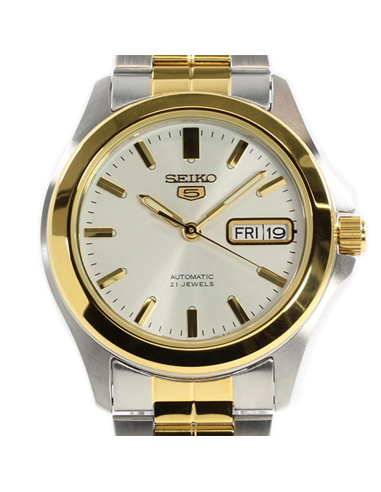Reloj hombre automático Seiko 5 SNKK94K1 37 mm – bisel y brazalete bicolor, 30 m calibre formato correa de acero
