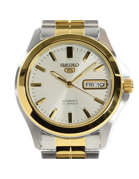 Reloj hombre automático Seiko 5 SNKK94K1 37 mm – bisel y brazalete bicolor, 30 m calibre formato correa de acero
