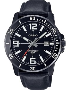 reloj deportivo hombre Casio Enticer MTP-VD01BL-1B dial negro 45mm correa de cuero 50m resistente al agua