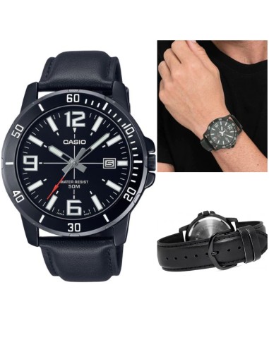 reloj deportivo hombre Casio Enticer MTP-VD01BL-1B dial negro 45mm correa de cuero 50m resistente al agua
