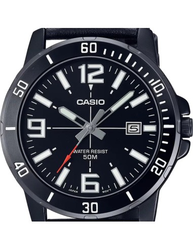 reloj deportivo hombre Casio Enticer MTP-VD01BL-1B dial negro 45mm correa de cuero 50m resistente al agua