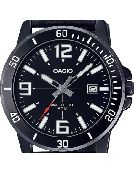reloj deportivo hombre Casio Enticer MTP-VD01BL-1B dial negro 45mm correa de cuero 50m resistente al agua