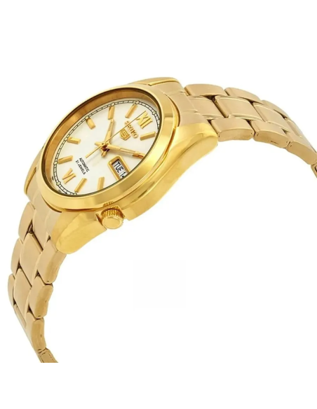 Reloj hombre automático Seiko 5 SNKL58K1 38 mm – Hardlex, 30 m, correa de acero dorado