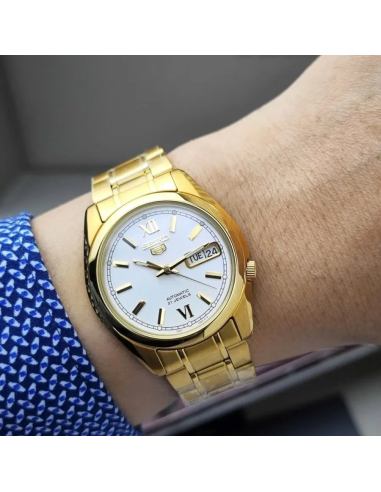 Reloj hombre automático Seiko 5 SNKL58K1 38 mm – Hardlex, 30 m, correa de acero dorado