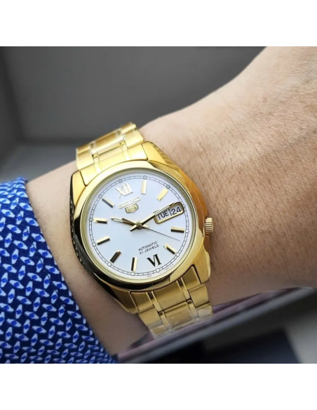Reloj hombre automático Seiko 5 SNKL58K1 38 mm – Hardlex, 30 m, correa de acero dorado