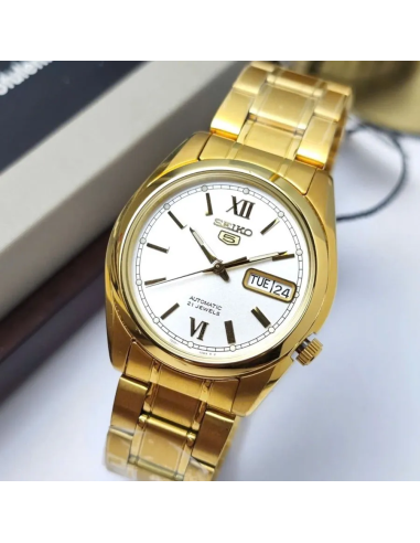 Reloj hombre automático Seiko 5 SNKL58K1 38 mm – Hardlex, 30 m, correa de acero dorado