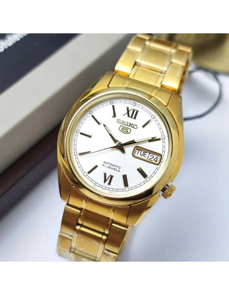Reloj hombre automático Seiko 5 SNKL58K1 38 mm – Hardlex, 30 m, correa de acero dorado