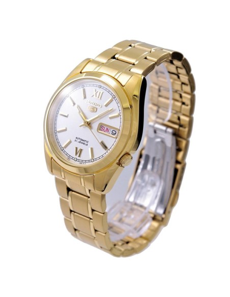 Reloj hombre automático Seiko 5 SNKL58K1 38 mm – Hardlex, 30 m, correa de acero dorado