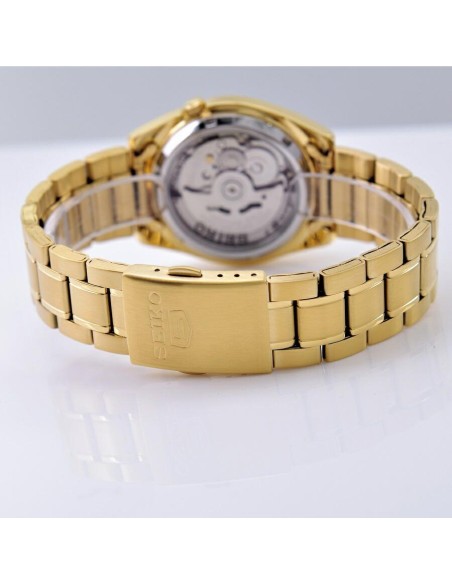 Reloj hombre automático Seiko 5 SNKL58K1 38 mm – Hardlex, 30 m, correa de acero dorado