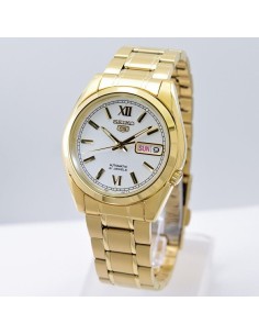 Reloj hombre automático Seiko 5 SNKL58K1 38 mm – Hardlex, 30 m, correa de acero dorado