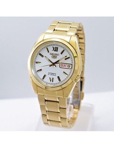 Reloj hombre automático Seiko 5 SNKL58K1 38 mm – Hardlex, 30 m, correa de acero dorado